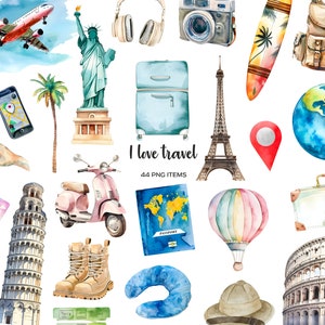 Clipart de viajes en acuarela. Elemento de viaje. Lugares emblemáticos del mundo PNG. Clipart de vacaciones. Clipart de la vuelta al mundo. Maleta, mapa, navegador PNG.