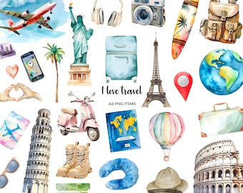 Op de afbeelding: Waterverf illustraties van reisartikelen, waaronder een vliegtuig, een koffer, een paspoort, een luchtballon, een camera, een wereldbol, een kaart, een scooter, de Eiffeltoren, het Vrijheidsbeeld, een paar laarzen, een nekkussen, een hoed, een hart, een hand die een hart vormt, een telefoon, een palmboom, een surfplank, een rugzak, een locatiepin en de scheve toren van Pisa. De tekst "I love travel 44 PNG ITEMS" is ook inbegrepen.