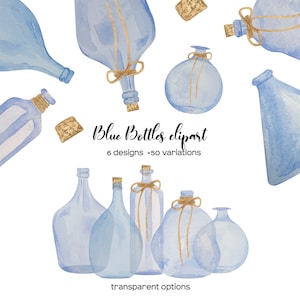 Aquarel fles clipart. Blauwe glazen flessen illustraties. Lege fles illustratie PNG. Glazen vaas. Antieke flessen, chique vintage flessen