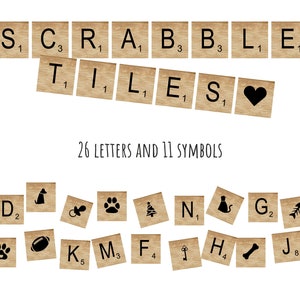 Aquarelle scrabble carreaux clipart. Jeu de lettres scrabble en bois. Alphabet et symboles scrabble en bois imprimables. Tuiles scrabble numériques PNG