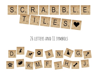 Watercolor Scrabble Tiles Clipart: Wood Alphabet & Symbols (PNG Digital Download)