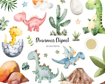 May include: A set of 43 watercolor clipart images featuring cute dinosaurs, cacti, eggs, rocks, and other desert-themed elements. The clipart is perfect for creating invitations, cards, and other crafts.