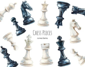 Watercolor white and black chess pieces. King, queen, rook, bishop, knight, pawn PNG set.
