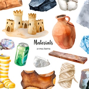 Imágenes prediseñadas de materiales de acuarela. Tipos de material set 21 PNG. Imagen PNG de tela, cerámica, hormigón, algodón, metal, caucho, plástico, vidrio.