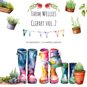 Watercolor welly boots family clipart. Village welly boots. Household clipart. Watercolor farm welly rain boots for perdonalised print