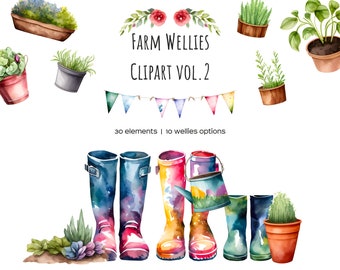 Watercolor welly boots family clipart. Village welly boots. Household clipart. Watercolor farm welly rain boots for perdonalised print