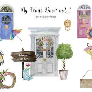 Aquarela meu clipart da porta da frente. Ilustração colorida da porta da frente urbana para impressão familiar personalizada. Porta da frente irlandesa. Porta de casa PNG