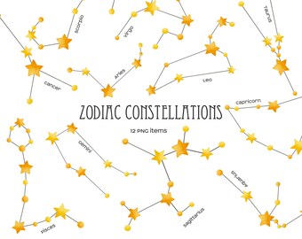 Watercolor 12 Zodiac star constellation clipart Horoscope illustration 12 Zodiac signs yellow stars PNG(Digital Download)