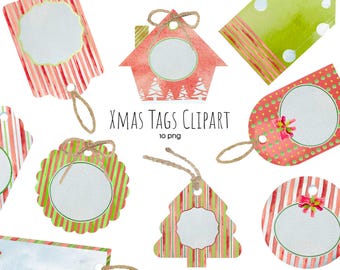 Etiquetas de papel kraft de Natal em aquarela clipart. 10 etiquetas de presente de Natal em PNG. Conjunto de etiquetas de feriado de artesanato. Etiquetas de presente de Natal.