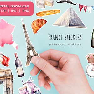 Adesivos aquarela França. Adesivo de símbolos de Paris França. Impressão e corte de adesivo da Torre Eiffel. Autocolante Bandeira francesa e elementos franceses 25