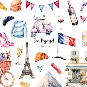 Aquarel Frankrijk clipart. Parijs Frankrijk elementen illustraties. Eiffeltoren en Franse vlag clipart. Franse symbolen items set 37 png. Kaart Frankrijk