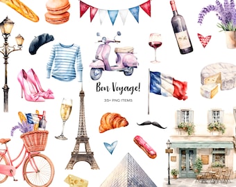 Watercolor Paris Clipart: French Symbols, Eiffel Tower (37 PNG)