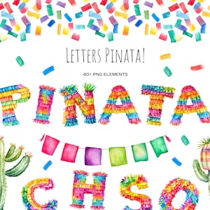 Piñata con letras de acuarela, clipart. Piñata mexicana colorida con letras de la A a la Z. Piñata del alfabeto de cumpleaños. Piñatas del alfabeto mexicano. Piñata PNG con el alfabeto.