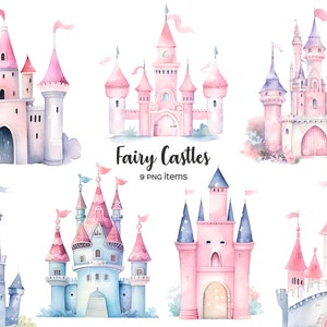 Castillo de cuento de hadas en acuarela. Castillos de princesas rosas y morados PNG. Cuento de hadas en acuarela. Reino mágico. Castillo de dibujos animados.