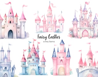 Clipart aquarelle château de conte de fées : rose et violet PNG (téléchargement numérique)