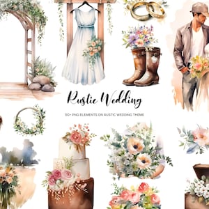 Clipart de mariage rustique aquarelle. Clipart de thème de mariage champêtre. Décor d'invitation d'idées de mariage rustique. Mariée et marié rustique PNG. 48 PNG