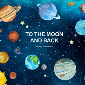 Watercolor space planets clipart. Solar System download. Outer Space Galaxy Illustration, Space planets PNG Earth Moon Jupiter Pluto Sun