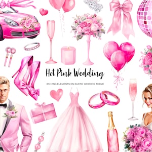 Imágenes prediseñadas de boda de muñeca rosa caliente acuarela. Imágenes prediseñadas de tema de boda de púa preciosa rosa. Decoración de invitación de ideas de boda temáticas glamour chic