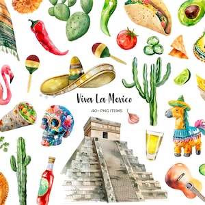 Watercolor Mexico clipart. Mexican fiesta party set. Mexican elements clip art. Welcome to Mexico. Viva La Mexico 40+ PNG. Mexica flag