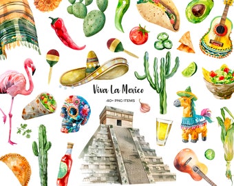Watercolor Mexico Clipart: Fiesta Party Set (40+ PNG)