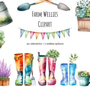 Watercolor wellies clipart. Farm welly boots. Household clipar. Watercolor village set with family rain boots for perdonalised print.