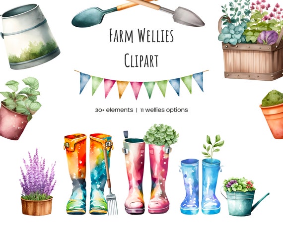 Watercolor Wellies Clipart. Farm Welly Boots. Household Clipar. Watercolor Village Set With Family Rain Boots for Perdonalised Print. Etsy