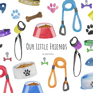 Aquarell Haustiere liefert Clipart. Hunde und Katze Zubehör und Notwendigkeiten. Pfotenabdrücke Clipart. Welpenartikel Schüsseln, Leinen, Leinen.