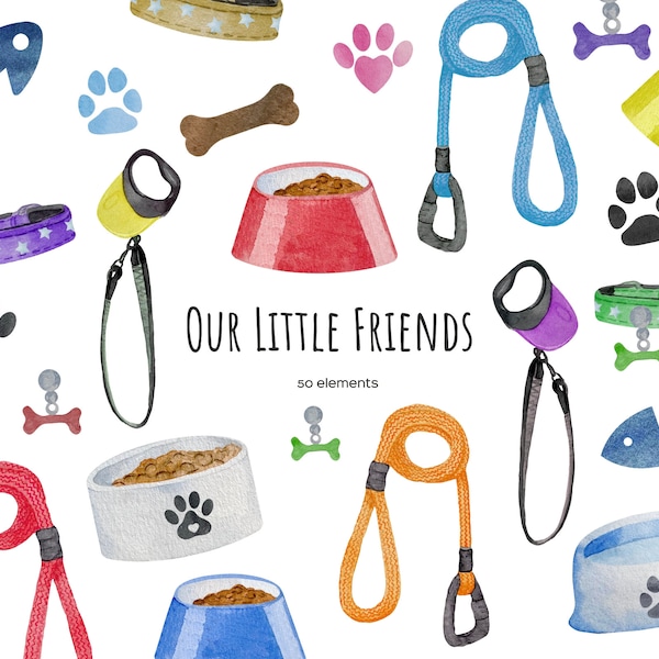 Watercolor pets supplies clipart. Dog and cat accessories and necessities. Paw footprints clipart. Puppy items bowls, leashes, leads.