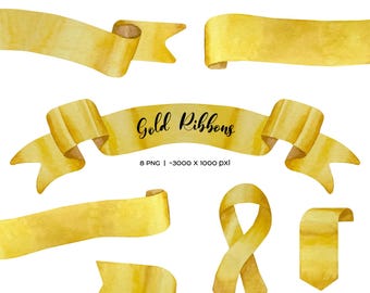 Watercolor Gold Ribbons Clipart: Banners, Bunting (8 PNG) Commercial Use