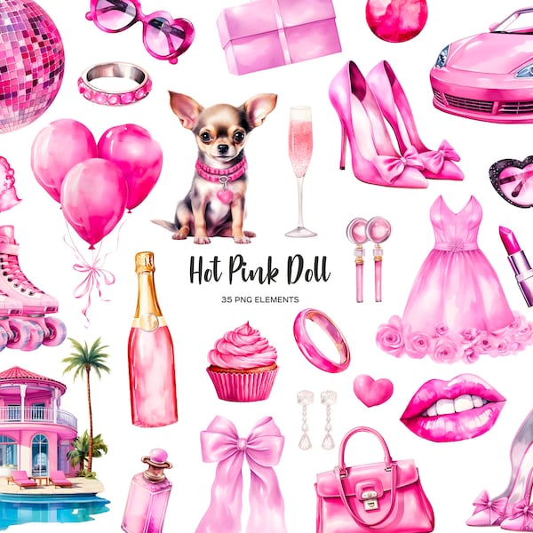 Watercolor hot pink fashion doll clipart. Pink doll clipart bundle. Girl doll PNG elements. Hot pink elements for party. Dream doll elements