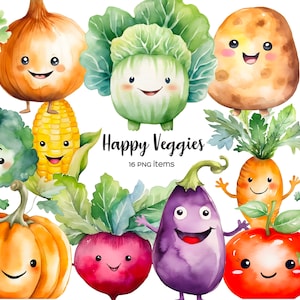 Watercolor Kawaii vegetables. Happy veggies clip art. Smiling pumpkin, carrot, eggplant, tomato, avocado, artichoke, cabbage, onion. 16 PNG