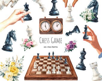 Watercolor chess clipart. King, queen, rook, bishop, knight, pawn PNG set. White and black chess piece. Chessboard. Chess clock
