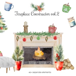 Watercolor Xmas fireplace clipart. Modern farmhouse Christmas fireplace illustration. Winter holiday socking, fireplace, wreath clipart