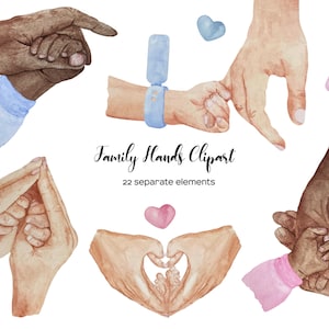 Clipart de mãos de família em aquarela. Família de mãos dadas. Novas mãos de família. Impressão de mãos de família. Novas mãos de bebê. Mão de mãe e pai bebê