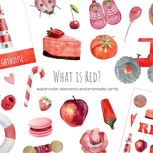 Aquarell rote Dinge Clipart. Rote Farbcliparts lernen. Pädagogische Lernmaterialien für Kinder. Rote Elemente 34 PNG. Kindergartenkarten.
