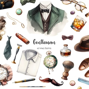 Clipart de caballero acuarela. Sombrero de armario de caballero, gafas, corbatas, pajaritas, zapatos. Imágenes prediseñadas de bigote. Clipart vintage de caballero. Retro PNG