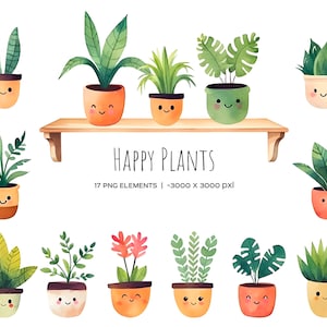 Plantas felizes em aquarela em clipart de maconha. Clipart de plantas de casa. Jardinagem. Plantas de casa em vaso. Vaso de planta. Plantas de interior. Jardim verde em casa.