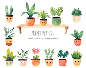 Clipart de plantas en maceta de acuarela: Plantas de interior felices PNG (Descarga digital)