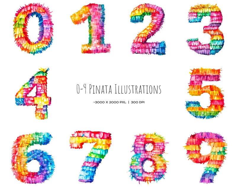 Pinata Row Watercolor Pinata Digits Clipart: Mexican Numbers 0-9 (PNG) - Etsy
