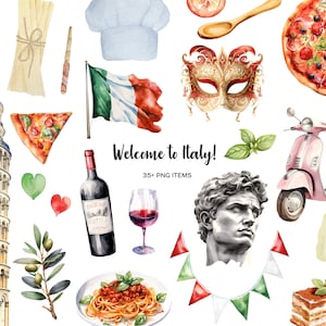 Imágenes prediseñadas de acuarela Italia. Imágenes prediseñadas de elementos italianos de Venecia. Bienvenido a Italia. Símbolos italianos y imágenes prediseñadas de bandera. Estado de ánimo italiano. viaje italiano