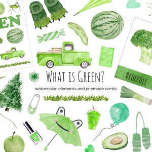 Clipart de coisas verdes em aquarela. Aprendendo o conjunto de cores verdes. Materiais educativos para crianças aprendendo. Elementos verdes 51 PNG. Cartões pré-escolares.