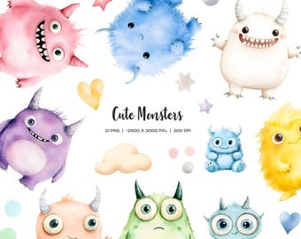 Imágenes prediseñadas de monstruos lindos en acuarela. Conjunto de cumpleaños de monstruos. Imágenes prediseñadas de fantasía. Ilustración PNG de lindo bebé monstruo. Criaturas aterradoras y divertidas