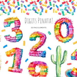 Aquarel cijfers pinata clipart. Mexicaanse kleurrijke pinata met 0-9 cijfers. Pinata verjaardagsdata. Mexicaanse 0-9 piñata