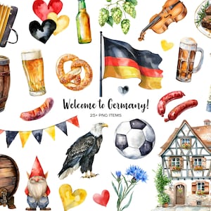 Watercolor Germany symbols clipart. Oktoberfest elements clipart. Welcome to Germany. Bavaria symbols. Germany flag & buntings. German item