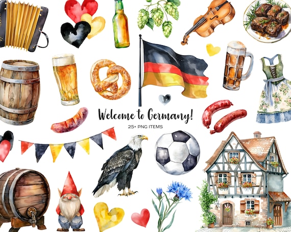 Watercolor Germany & Oktoberfest Clipart: Bavarian Symbols (PNG)