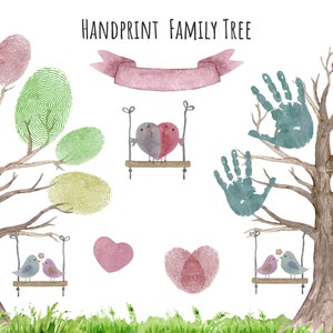 Clipart d'arbre généalogique aquarelle. Clipart d'arbre généalogique d'empreinte de main. Artisanat d'arbre généalogique d'empreintes digitales. C'est mon imprimé familial. Arbre généalogique DIY