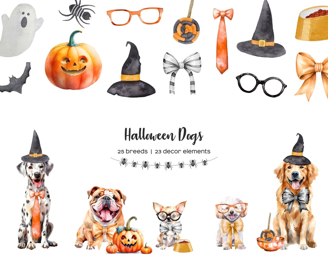 Watercolor Halloween Dog Clipart. Halloween Dogs Clip Art. Pet