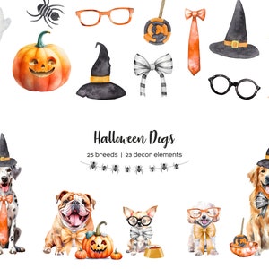 Aquarell Halloween Hund Clipart. Halloween Hunde ClipArt. Haustier Halloween PNG. Hunderassen Clipart. Herbsthunde. Halloween glücklicher Welpe
