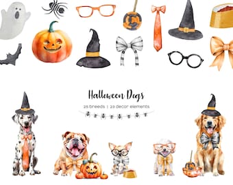 Watercolor Halloween Dog Clipart: Pet Breed Illustrations (PNG)