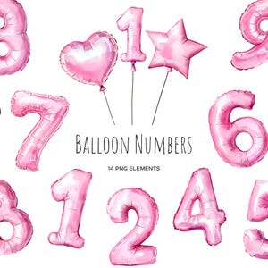 Puede incluir: Números y formas de globos rosas, incluyendo los números del 1 al 9, un corazón y una estrella. El texto "BALLOON NUMBERS" se muestra en negro, junto con "14 PNG ELEMENTS". Ideales para fiestas de cumpleaños y celebraciones.
